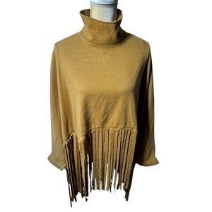 Women's XXL Faux Suede Fringe Top Brown Mock Neck Boho Southwestern